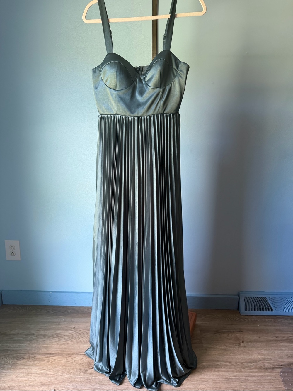 Lulus Pleated Satin Maxi Dress with Bustier Top - blue green